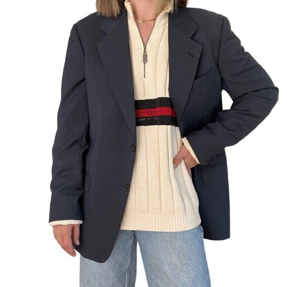 Vintage Valentino Navy Blue Wool Oversized Preppy Blazer Dark Academia Sz 40R - Picture 8 of 11